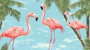 三只火烈鸟在椰林蓝天中