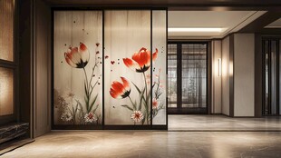 中式屏风上的花卉艺术图景