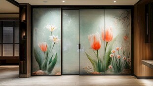 中式玄关玻璃墙花卉艺术