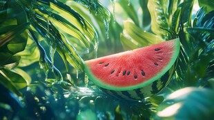 夏日绿叶间的鲜美西瓜
