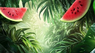 夏日西瓜与热带绿植风景