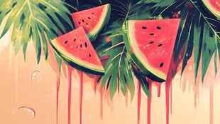 夏日西瓜与绿叶的清凉画面