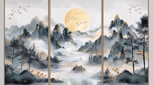 三联中式山水墨韵风景画