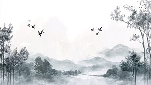 水墨山水间飞鸟伴林景