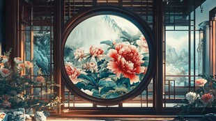 中式圆窗牡丹花卉雅致景