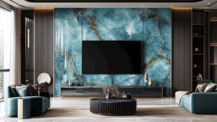 现代客厅 蓝绿岩板电视墙设计