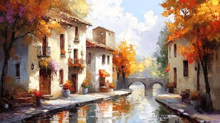 秋日河畔的静谧古朴小镇