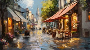 雨中浪漫的欧式风情街道