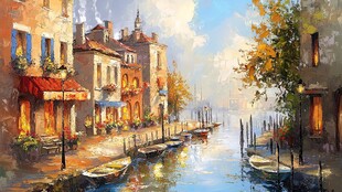 威尼斯水乡浪漫街景油画