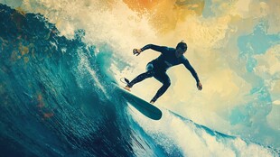 冲浪者在绚丽海浪上驰骋