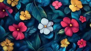 多彩花卉与绿叶梦幻图案