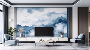 新中式客厅 水墨山水电视墙