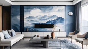 新中式客厅 山水壁画背景
