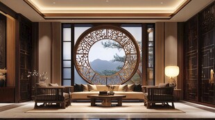中式典雅客厅 圆形窗景雅致