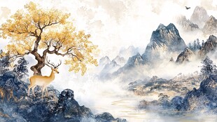 秋韵山水间的灵鹿栖树
