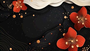 中式红花朵黑金背景装饰图