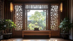 中式雅室窗前绿植景致