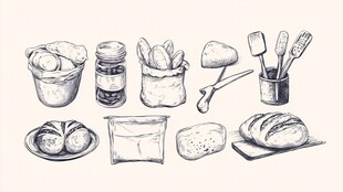 手绘烘焙物品与工具集合