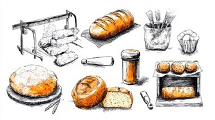 手绘面包及烘焙工具场景