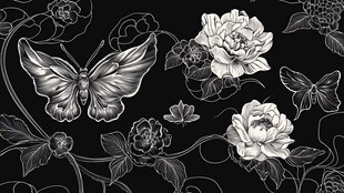 黑白花卉蝴蝶装饰图案
