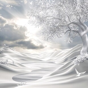 冬日雪景中的孤树与飞鸟