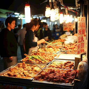 夜市美食摊前的热闹景象