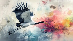 仙鹤翱翔于绚烂色彩之间