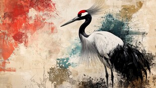 水墨风丹顶鹤艺术插画