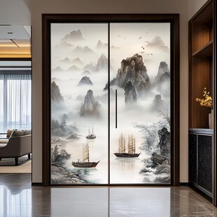 中式山水意境玻璃移门
