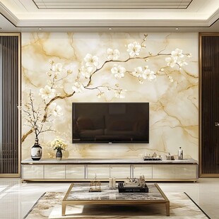 中式客厅大理石花鸟电视背景墙
