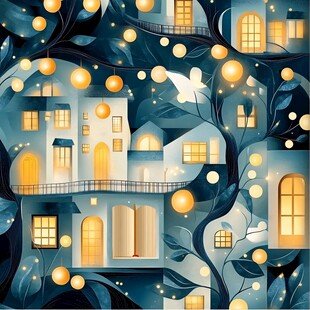 梦幻夜中灯火闪烁的屋景