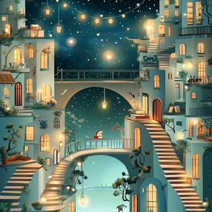 梦幻夜景中的浪漫空中小镇