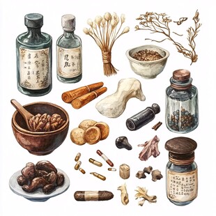 传统中药材与药具手绘集合