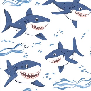 可爱鲨鱼在海浪中嬉戏