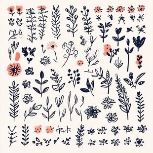 手绘简约植物花卉元素集