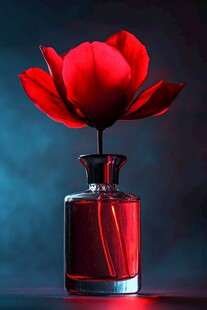 红玫瑰插于红香水瓶中