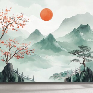 中式山水旭日红叶景观图