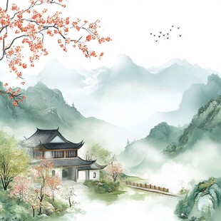 水墨山水间的古韵楼阁