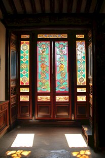 中式古宅彩色雕花玻璃门窗