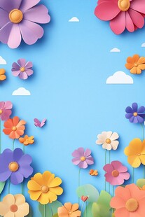 梦幻纸艺花卉蓝天背景图