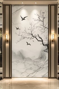 中式山水飞鸟玄关背景墙
