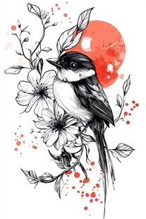 枝头小鸟伴花与红日