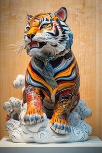 彩色纹身风格老虎雕塑