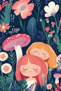 花丛中休憩的可爱女孩