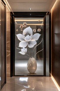 中式玄关艺术玻璃花卉装饰