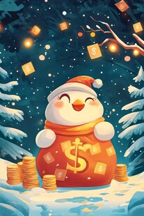 雪中小鸭抱金袋迎佳节