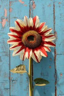 红白条纹向日葵与蓝背景