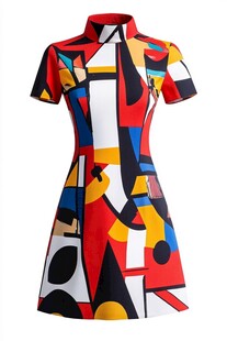 几何图案短袖连衣裙