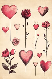 手绘爱心与玫瑰图案集合