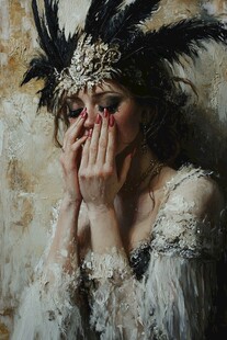 复古羽饰女子掩面沉思